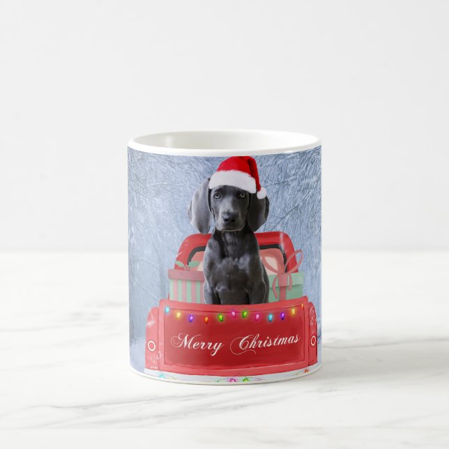 Weimaraner Dog in Snow sitting in Christmas Truck  Coffee Mug (Center)