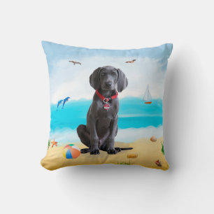 weimaraner Dog on Beach  Cushion