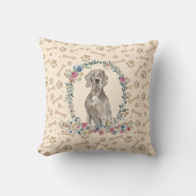 Weimaraner Dog Paw Print & Floral Cute Cushion (Front)