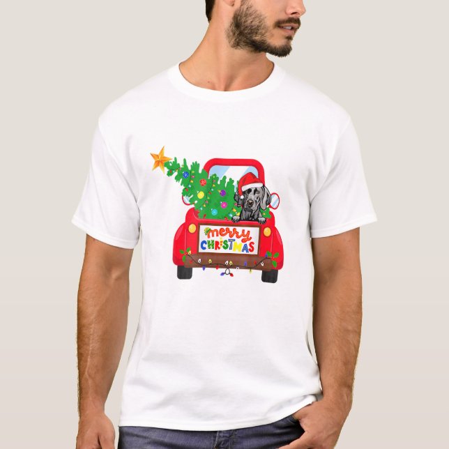Weimaraner Dog Riding Red Truck Christmas Holiday T-Shirt (Front)