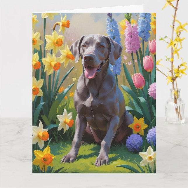 Weimaraner Dog Spring Flowers Painting  Card (Yellow Flower)