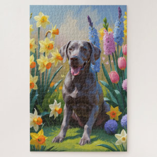 Weimaraner Dog Spring Flowers Painting  Jigsaw Puzzle