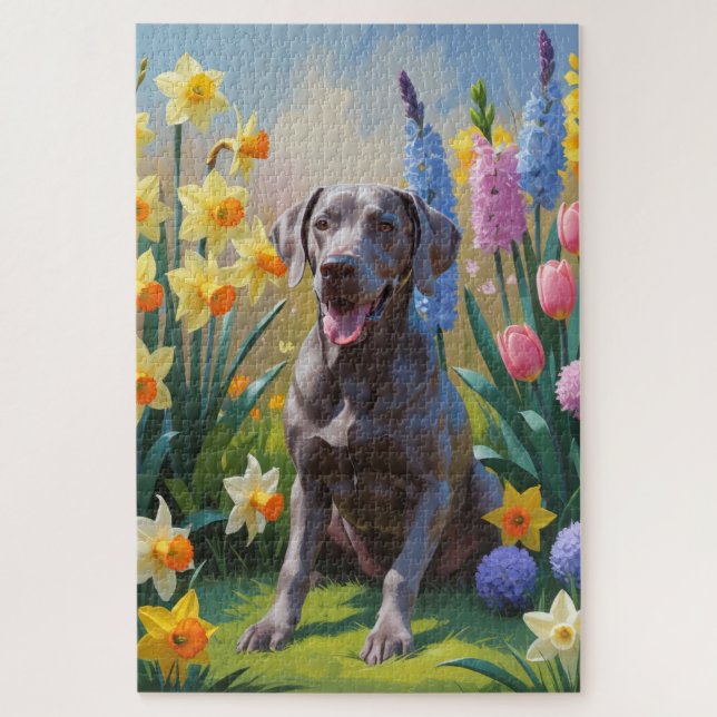Weimaraner Dog Spring Flowers Painting  Jigsaw Puzzle (Vertical)