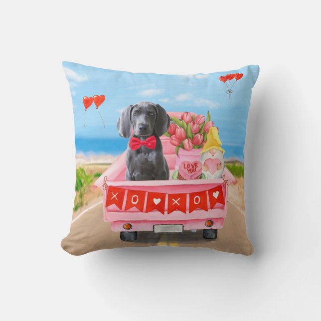 Weimaraner Dog Valentine's Day Truck Hearts  Cushion (Front)