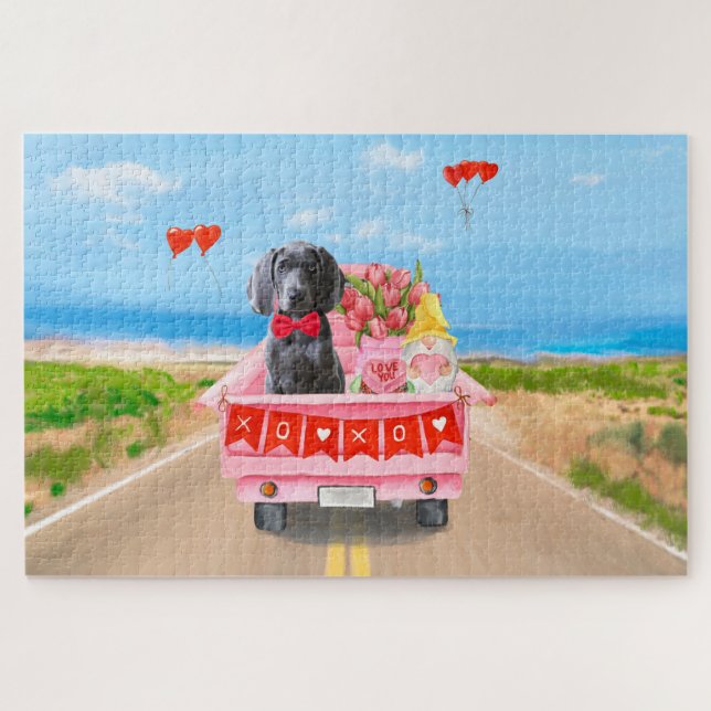 Weimaraner Dog Valentine's Day Truck Hearts Jigsaw Puzzle (Horizontal)
