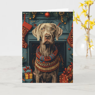 Weimaraner Dog With Christmas Gifts Fireplace  Card