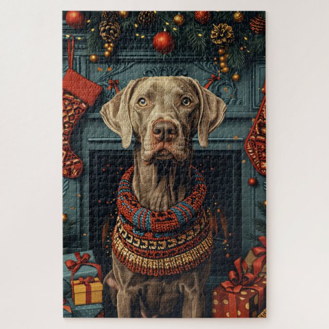 Weimaraner Dog With Christmas Gifts Fireplace  Jigsaw Puzzle (Vertical)