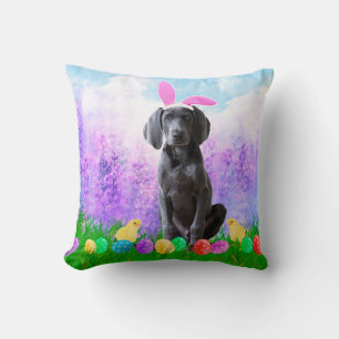 Weimaraner Dog with Easter Eggs Bunny Chicks Cushion