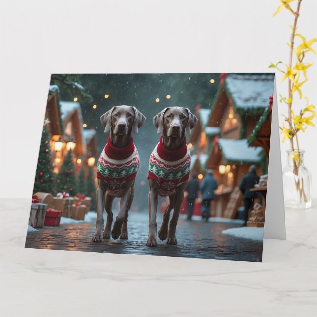 Weimaraner Dogs Christmas Snow Holiday Card (Yellow Flower)