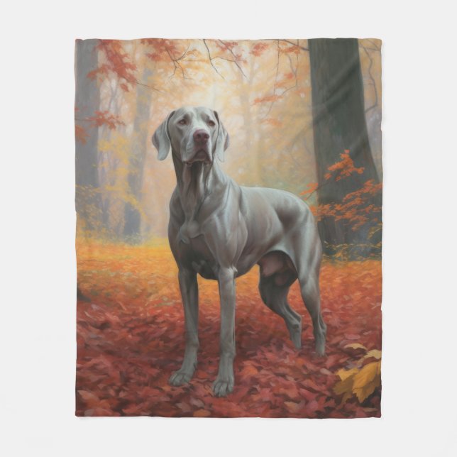 Weimaraner in Autumn Leaves Fall Inspire  Fleece Blanket (Front)