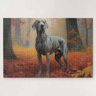 Weimaraner in Autumn Leaves Fall Inspire  Jigsaw Puzzle