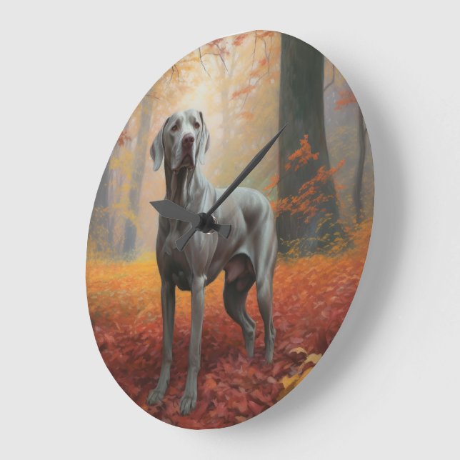 Weimaraner in Autumn Leaves Fall Inspire  Large Clock (Angle)