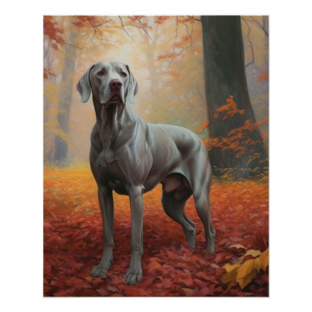 Weimaraner in Autumn Leaves Fall Inspire  Poster (Front)