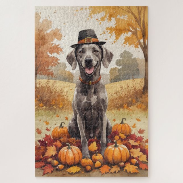 Weimaraner In Autumn Leaves Thanksgiving Art Jigsaw Puzzle (Vertical)