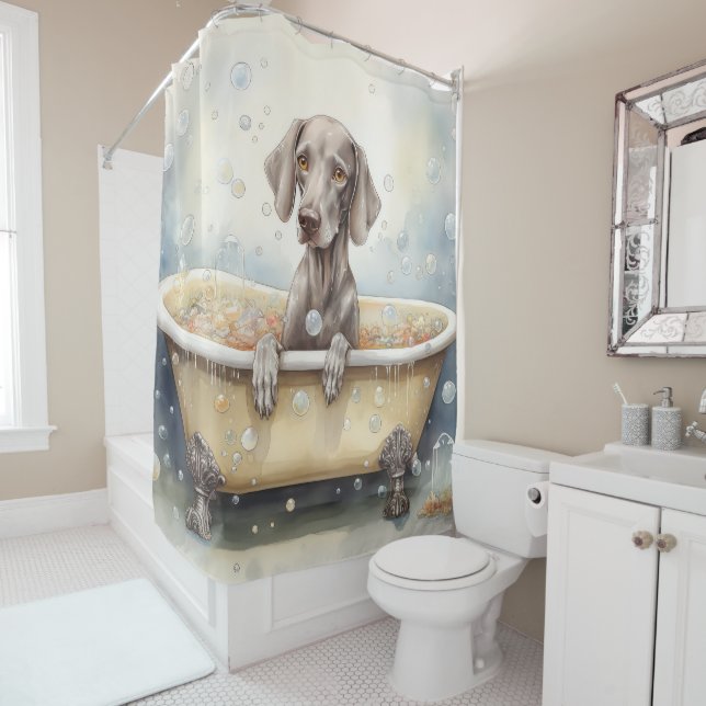 Weimaraner In Bathtub Watercolor Dog Art  Shower Curtain (In Situ)