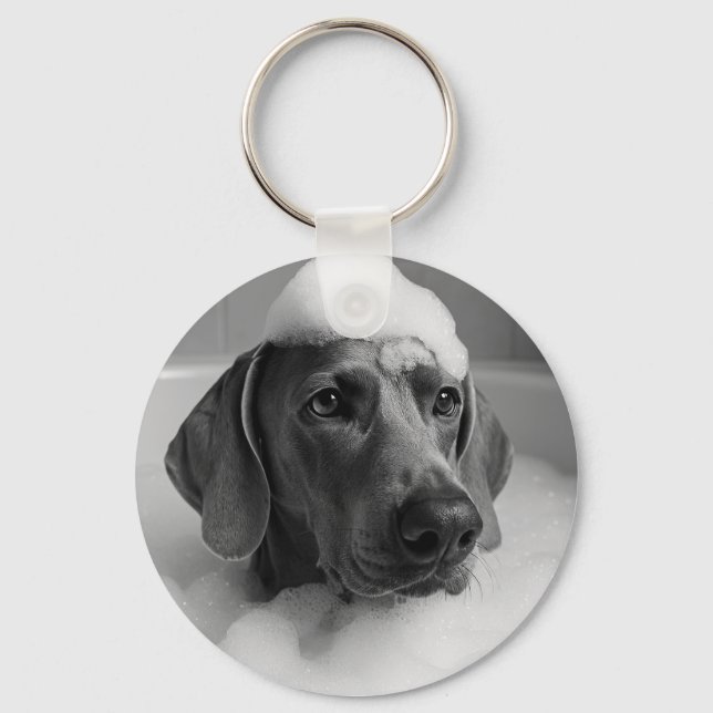 Weimaraner in the bath with bubbles on his head key ring (Front)