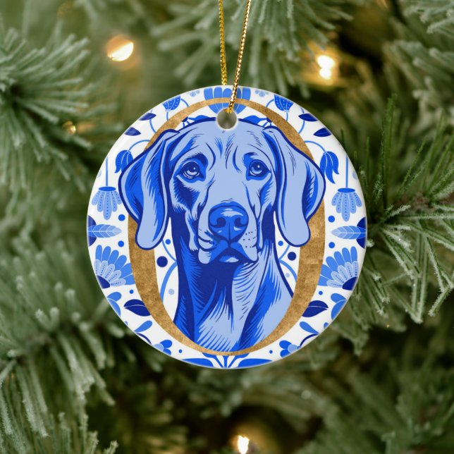 Weimaraner peering thru the letter "O" in Gold Ceramic Ornament (Tree)