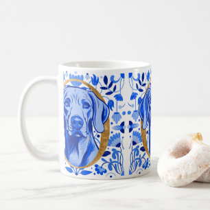 Weimaraner peering thru the letter "O" in Gold Coffee Mug