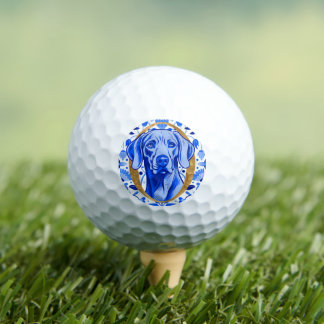 Weimaraner peering thru the letter "O" in Gold Golf Balls