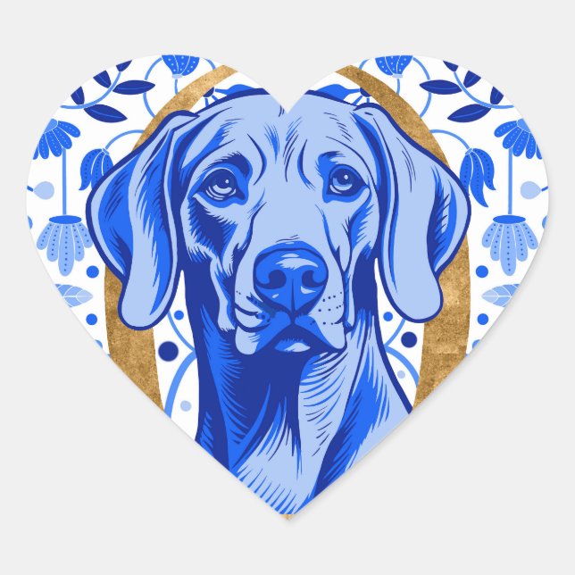 Weimaraner peering thru the letter "O" in Gold Heart Sticker (Front)
