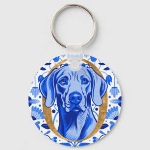 Weimaraner peering thru the letter "O" in Gold Key Ring