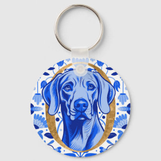 Weimaraner peering thru the letter "O" in Gold Key Ring