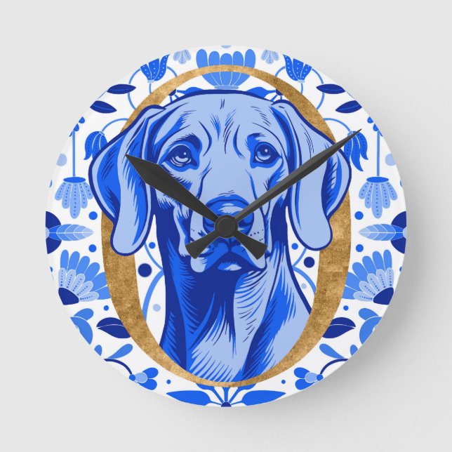 Weimaraner peering thru the letter "O" in Gold Round Clock (Front)