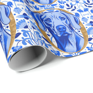 Weimaraner peering thru the letter "O" in Gold Wrapping Paper