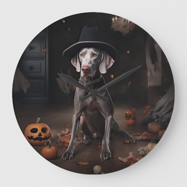 Weimaraner Pumpkins Halloween Scary Large Clock (Front)