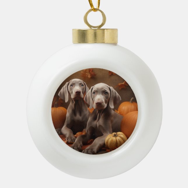 Weimaraner Puppy Autumn Delight Pumpkin Ceramic Ball Christmas Ornament (Front)