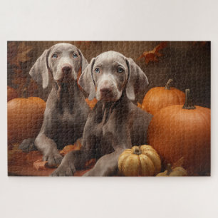 Weimaraner Puppy Autumn Delight Pumpkin Jigsaw Puzzle