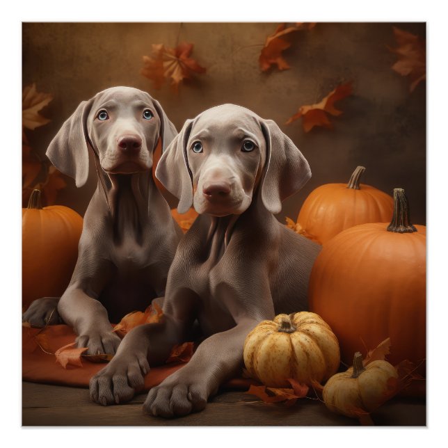 Weimaraner Puppy Autumn Delight Pumpkin Poster (Front)