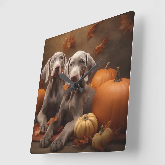 Weimaraner Puppy Autumn Delight Pumpkin Square Wall Clock (Angle)