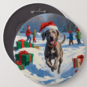 Weimaraner Running in Snow with Christmas Hat 6 Cm Round Badge