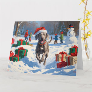 Weimaraner Running in Snow with Christmas Hat Card
