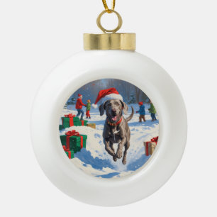 Weimaraner Running in Snow with Christmas Hat Ceramic Ball Christmas Ornament