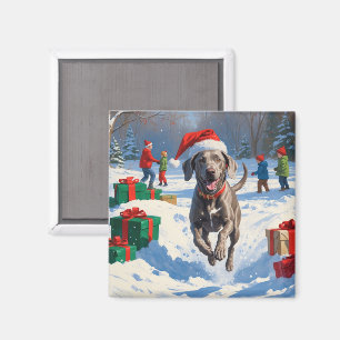Weimaraner Running in Snow with Christmas Hat Magnet