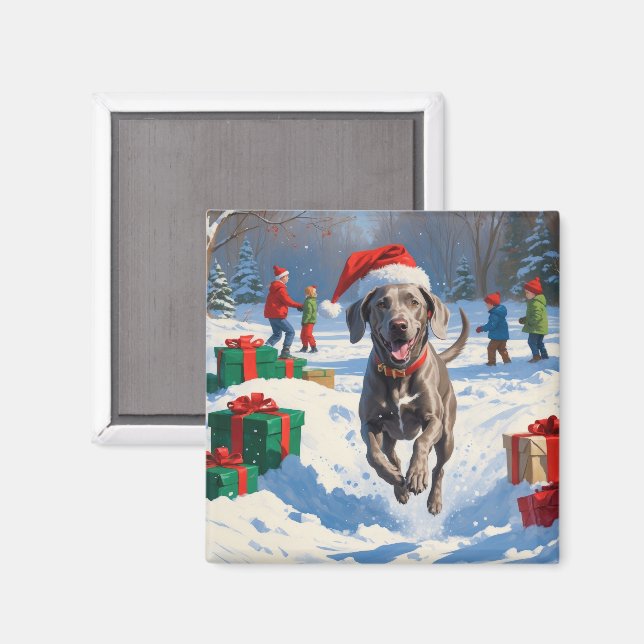 Weimaraner Running in Snow with Christmas Hat Magnet (Front/Back)