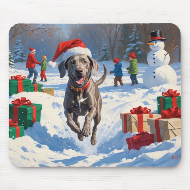 Weimaraner Running in Snow with Christmas Hat Mouse Pad (Front)