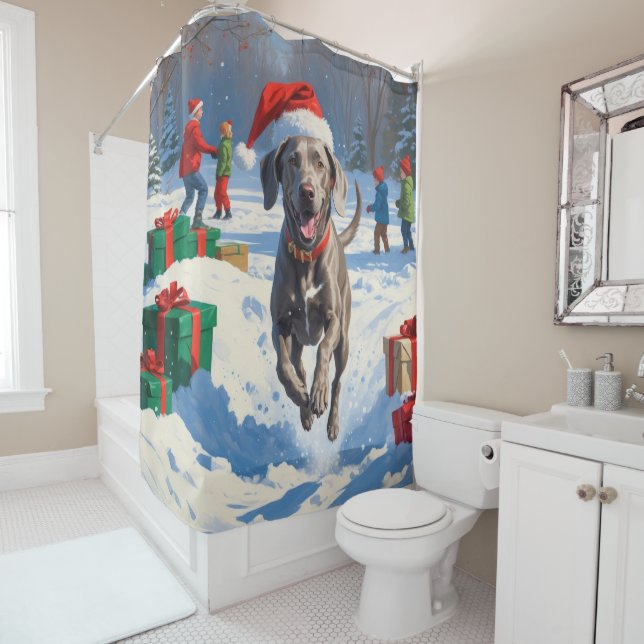 Weimaraner Running in Snow with Christmas Hat Shower Curtain (In Situ)