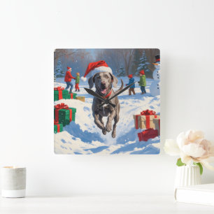 Weimaraner Running in Snow with Christmas Hat Square Wall Clock
