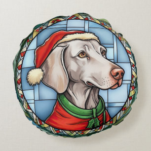 Weimaraner Stained Glass Christmas Round Cushion