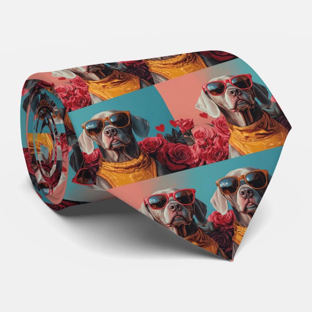 Weimaraner with Heart Roses Valentine's Day  Tie (Rolled)