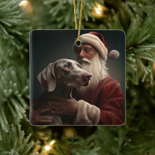 Weimaraner With Santa Claus Festive Christmas Ceramic Ornament