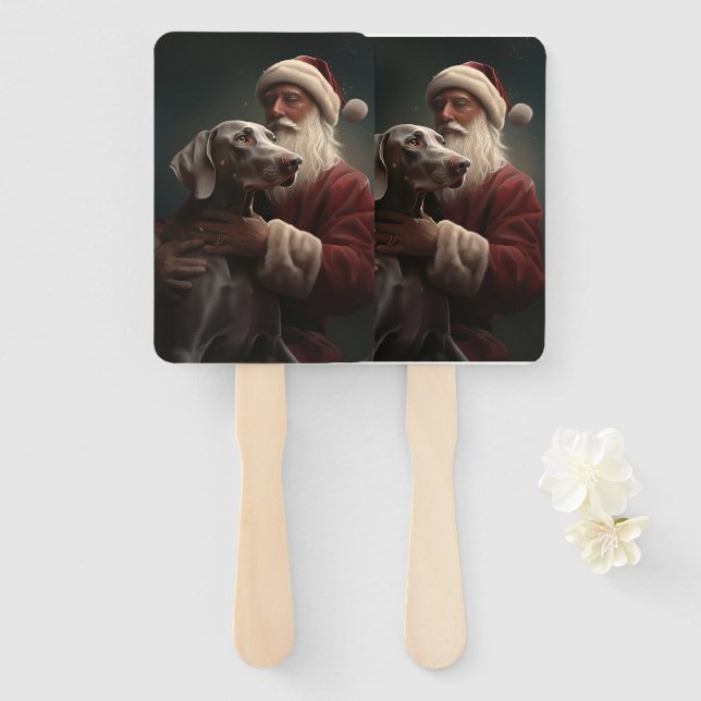 Weimaraner With Santa Claus Festive Christmas Hand Fan (Front and Back)