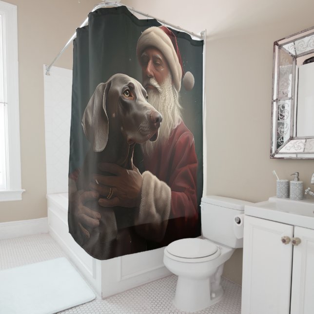 Weimaraner With Santa Claus Festive Christmas Shower Curtain (In Situ)