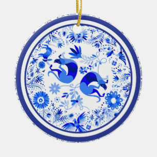Weimaraners, Rabbits and Birds Otomi Blue & White Ceramic Ornament