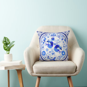 Weimaraners, Rabbits and Birds Otomi Blue & White Cushion