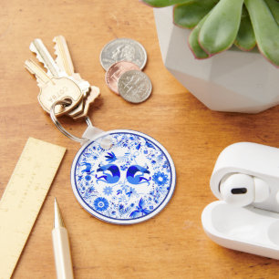 Weimaraners, Rabbits and Birds Otomi Blue & White  Key Ring