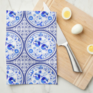 Weimaraners, Rabbits and Birds Otomi Blue & White Tea Towel